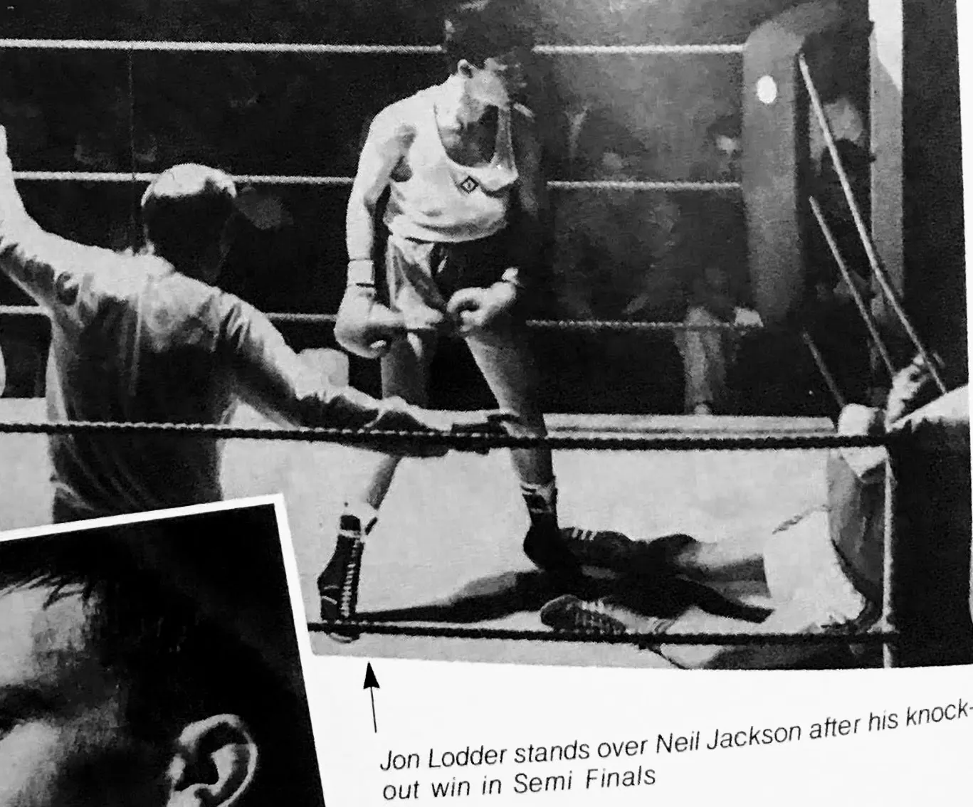 Jo Lodder standing over his opponent after a knock-out win in his boxing days