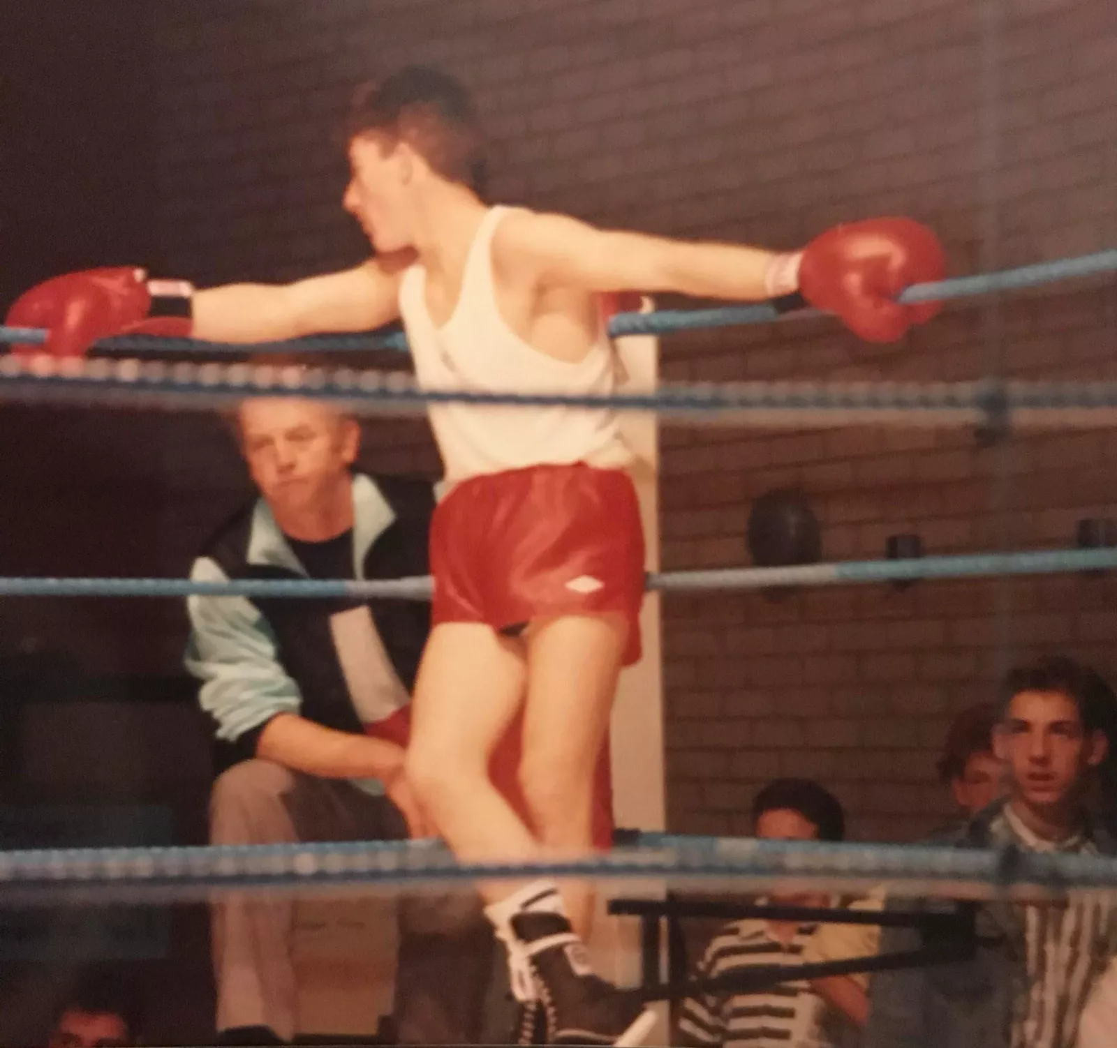 Jo Lodder in the boxing ring with his trainer in his boxing days